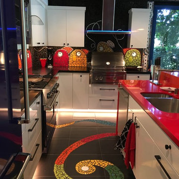 Tweet Backsplash and Mosaic Tile Ribbon Floor