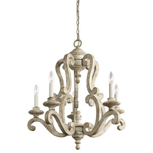 Cottage Style Distressed Wood 5-Light Candelabra Chandelier with Scrolled Arms 