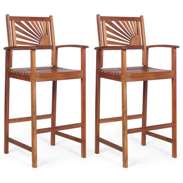 Costway Set of 2 Bar Stools 29inch Acacia Wood Pub Chairs Outdoor w/ Armrests