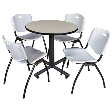 Kobe 30" Round Breakroom Table, Maple and 4 'M' Stack Chairs, Gray