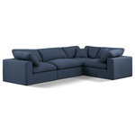 Meridian Furniture - Comfy Upholstered L-Shaped Modular Sectional, Navy, 4-Piece: 1 Armless Chair, 3 Corner Chair, Linen Textured Fabric - Give your space a whole new look with this navy Comfy linen textured fabric sectional. This handsome sectional fits nicely with other items in the Comfy collection and is a versatile seating option designed for adaptability, comfort and style. Wrapped in rich navy durable linen textured fabric upholstery, this sectional offers a plush embrace of overstuffed down feather cushions, carefully crafted to deliver the highest level of comfort. The perfect seat for creating an oasis for relaxation, this sectional has thick foam surrounding its frame for added support and coziness.