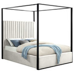 Meridian Furniture - Jax Velvet Bed, Cream, Queen - Dream big in the Jax cream velvet canopy bed. This handsome Meridian Furniture bed has a channel tufted headboard, giving the bed a regal and sophisticated look. The headboard is tufted for added elegance, and the bed comes with a matte black steel canopy, adding to its overall elegance and grandeur. cream velvet fabric used on the sides and headboard gives it a luxe vibe, and the headboard is heavily padded, making it an ideal backrest for reading or watching TV.