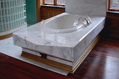 Large master medium tone wood floor bathroom photo in Chicago with green walls