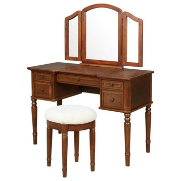 Powell Wood Vanity and Stool Set 5 Drawers Tri-Fold Mirror in Warm Cherry