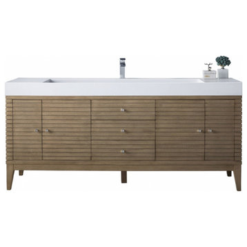 72 Inch Whitewashed Walnut Bath Vanity, Single Sink, Glossy White Top, Outlets