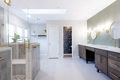 Inspiration for a huge transitional master green tile ceramic tile, white floor and double-sink bathroom remodel in DC Metro with medium tone wood cabinets, a hot tub, a bidet, quartz countertops, a hinged shower door, white countertops and a freestanding vanity