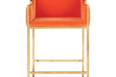 Worlds Away Hazel Counter Stool, Orange Velvet & Brass
