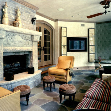 Limestone Fireplace with Soapstone and Sandstone Accents