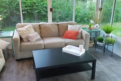 Sunroom - mid-sized transitional vinyl floor and gray floor sunroom idea in Other with a standard ceiling