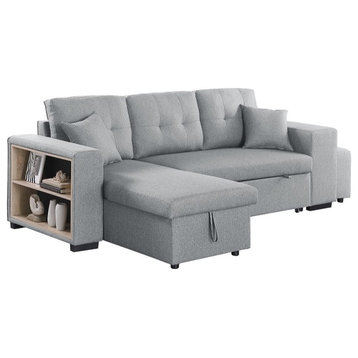 95" Wide Reversible Fabric Sofa Bed & Chaise&Ottoman and designed arm-Light Gray