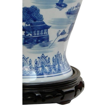 18" Landscape Blue and White Porcelain Temple Jar