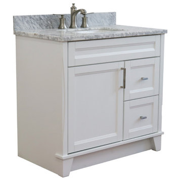 37" Single Sink Vanity, White Finish With White Carrara Marble