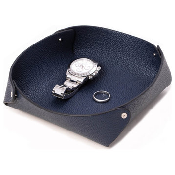 Navy Leather Catchall Valet Tray, Lay Flat Design