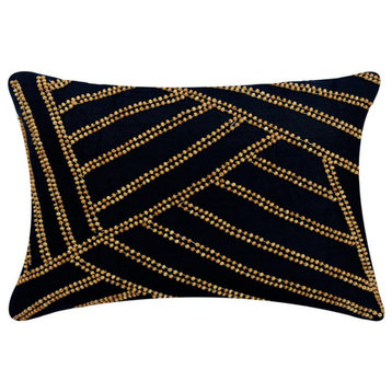 Designer 12"x18" Wooden Beads Black Art Silk Rectangle Pillow Covers, Wood Camp