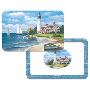 Vinyl Plastic Placemats Lighthouse Mural Beach Nautical  Set of 4