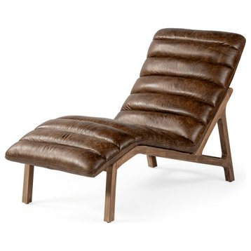 Pierre Genuine Leather Armless Chaise Lounge Chair, Brown