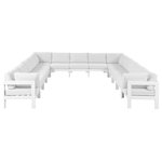 Meridian Furniture - Nizuc Water Resistant Patio U-Shaped Modular Sectional, White, 13-Piece: 9 Armless Chair, 4 Corner Chair, White Aluminum Frame - Pick and choose your favorites from the Nizuc collection to create a modular seating group the whole gang will enjoy. The sturdy aluminum frame provides dependable support for friends and family as they relax and unwind, and the resilient white water resistant fabric stands up to the elements without losing its beautiful demeanor, so you can count on it lasting for the long haul. Latches beneath these seating pieces help you easily attach them to one another for convenient setup.