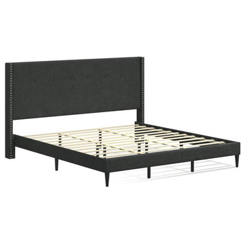 MCM Upholstered Platform Bed, Grey, King