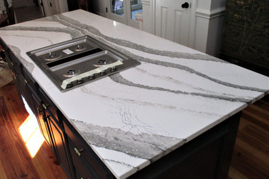 Eat-in kitchen - mid-sized modern l-shaped dark wood floor and brown floor eat-in kitchen idea in Other with dark wood cabinets, quartz countertops, white backsplash, stainless steel appliances, an island and white countertops