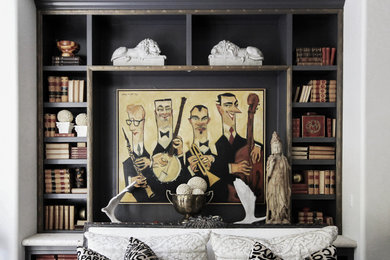 Inspiration for an eclectic dining room remodel with black walls