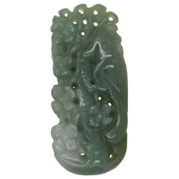 Carved Natural Green Jade Pendant With Parrot Play In Flowers Forest