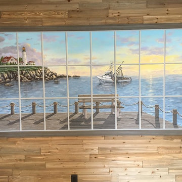 New England Harbor Town Mural, hand painted throughout a lower level