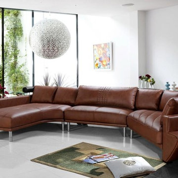 Contemporary Curved Sectional Sofa in Brown Leather