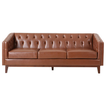 Colstrip Contemporary Upholstered 3 Seater Sofa, Cognac + Espresso
