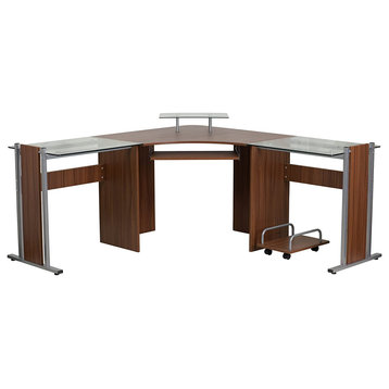 Contemporary Desk, L-Shaped Design With Glass Workspace & Raised Shelf, Teakwood