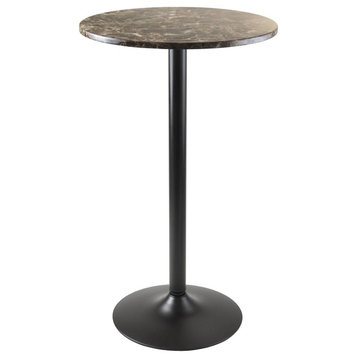 Stylish Cora Round Bar Height Pub Table With Faux Marble Top, Black Base
