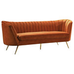 Meridian Furniture - Margo Velvet Upholstered Set, Cognac, Sofa - Lean back and lounge in luxurious style on this stunning Margo cognac velvet sofa by Meridian Furniture. This contemporary sofa features plush velvet upholstery that is both classy and sumptuous against your skin, a single seat cushion and rounded arms that curve into a low, rounded back, creating a perfect, modern piece for your home. Gold stainless steel legs support this sofa and provide stunning contrast to the sofa's plush, cognac fabric.