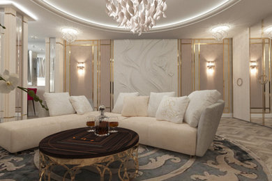 Идея дизайна: гостиная комната среднего размера в стиле неоклассика (современная классика)