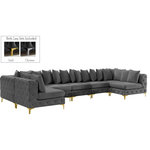 Meridian Furniture - Tremblay Velvet Upholstered 7-Piece Modular U-Shaped Sectional, Grey - Lean back and relax on this Tremblay sectional. Featuring soft grey velvet upholstery with deep button tufting, this sectional adds a bold touch to any living space. A complete set of gold and chrome legs are included, so you can change it up to suit your home decor. This sectional is modular, so you can create infinite configurations with it, which are easily attached using the latch underneath the frame. Its contemporary design is perfect for the modern home.