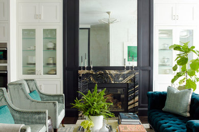 Example of a transitional formal and enclosed carpeted and brown floor living room design in Boston with white walls, a standard fireplace, a stone fireplace and no tv