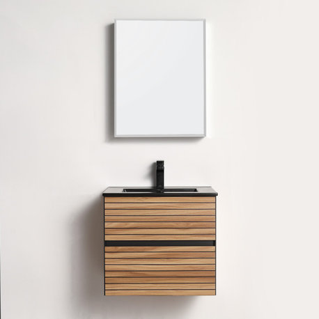 Wall Mounted Bathroom Vanity, Maple Strip, 24'' With Black Ceramic Sink