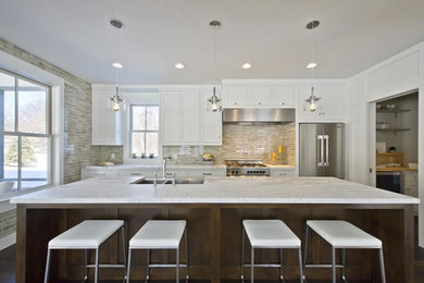 Eat-in kitchen - modern single-wall dark wood floor eat-in kitchen idea in Minneapolis with a farmhouse sink, recessed-panel cabinets, white cabinets, marble countertops, gray backsplash, ceramic backsplash, stainless steel appliances and an island