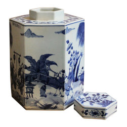Chinese Blue & White Porcelain Oriental Scenery Hexagon Jar Container - Decorative Jars And Urns