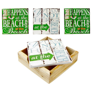 What Happens At the Beach Tile Coasters and Wood Tray Set