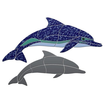 Crystal Level Swimming Dolphin Ceramic Pool Mosaic 48"x22" with shadow, Blue