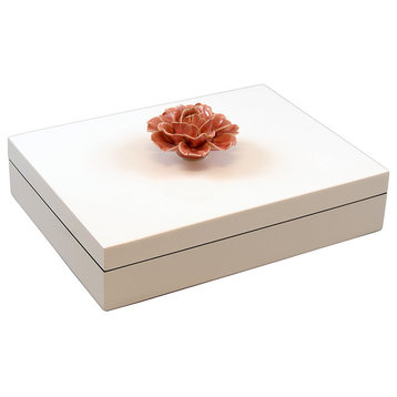 Lacquer Long Stationery Box, Mauve Rose Handle White Box
