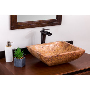 Natural Stone Vessel Bathroom Sink, Rectangular Travertine Sink, Peach