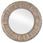 Currey & Company - Kanor Round Mirror - Made of artfully arranged pieces of reclaimed wood, the frame of our Kanor Round Mirror is a study in textural patina. One of our products built with sustainability in mind, the aged wood decorative mirror with its whitewash finish is naturally distressed. We also offer the Kanor as a square mirror, and this family of products includes furniture.