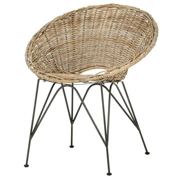 Coastal Accent Chair, Metal Legs With Geometric Shaped Rattan Seat, Grey Wash