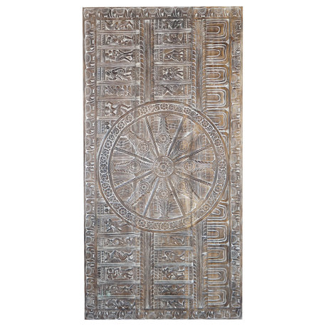 Consigned Vintage Wood Whitewashed Zen Sun Temple Sundial Carved Headboard