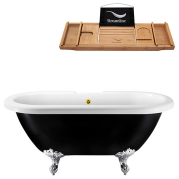 59" Black Clawfoot Tub and Tray, Chrome Feet, Gold External Drain