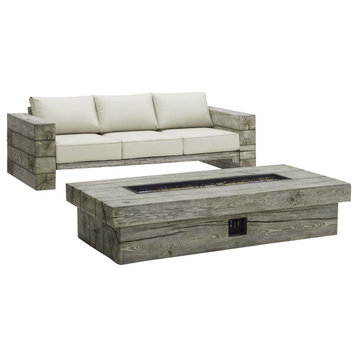 Lounge Sofa Table Set, Sunbrella, Simulated Wood, Gray Beige, Outdoor
