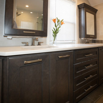 Sleek Contemporary Master Bathroom | Dark Vanity & Frameless Shower