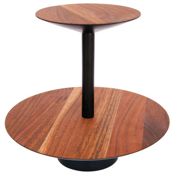 Round Acacia Wood 2-Tier Tray With Metal Stand, Natural and Black