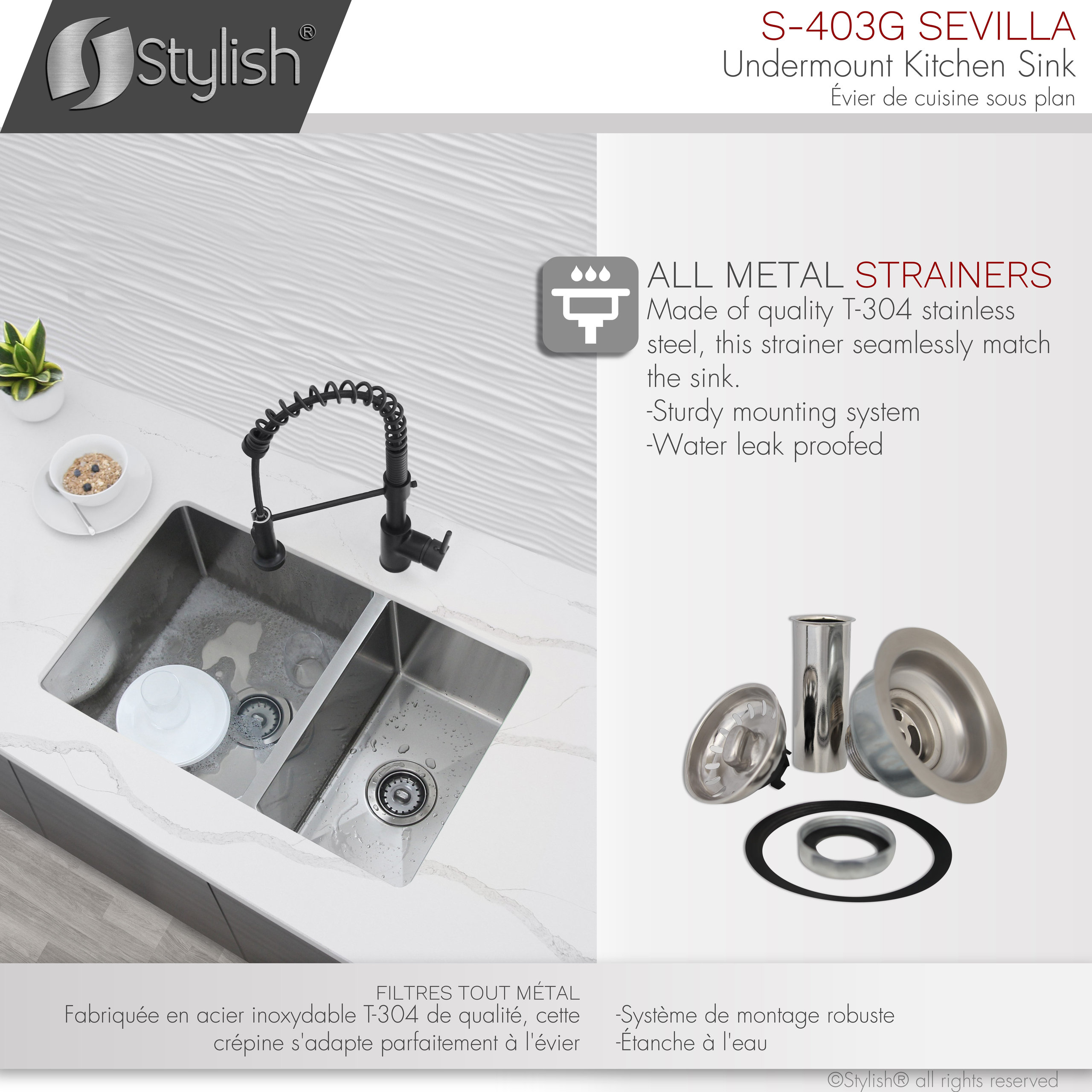 STYLISH 28" Double Bowl 60/40 Reversible Undermount Stainless Steel Kitchen SInk