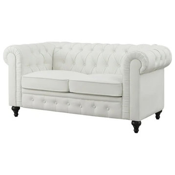 Classic Chesterfield Loveseat, Diamond Button Tufted Faux Leather Seat, White